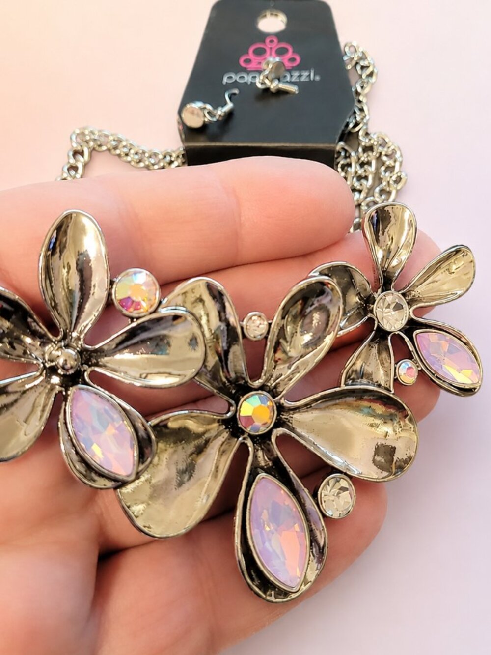 Twirling Triad Pink Necklace Silver Floral Statement Jewelry w/ Opalescent Gems - Picture 3 of 6